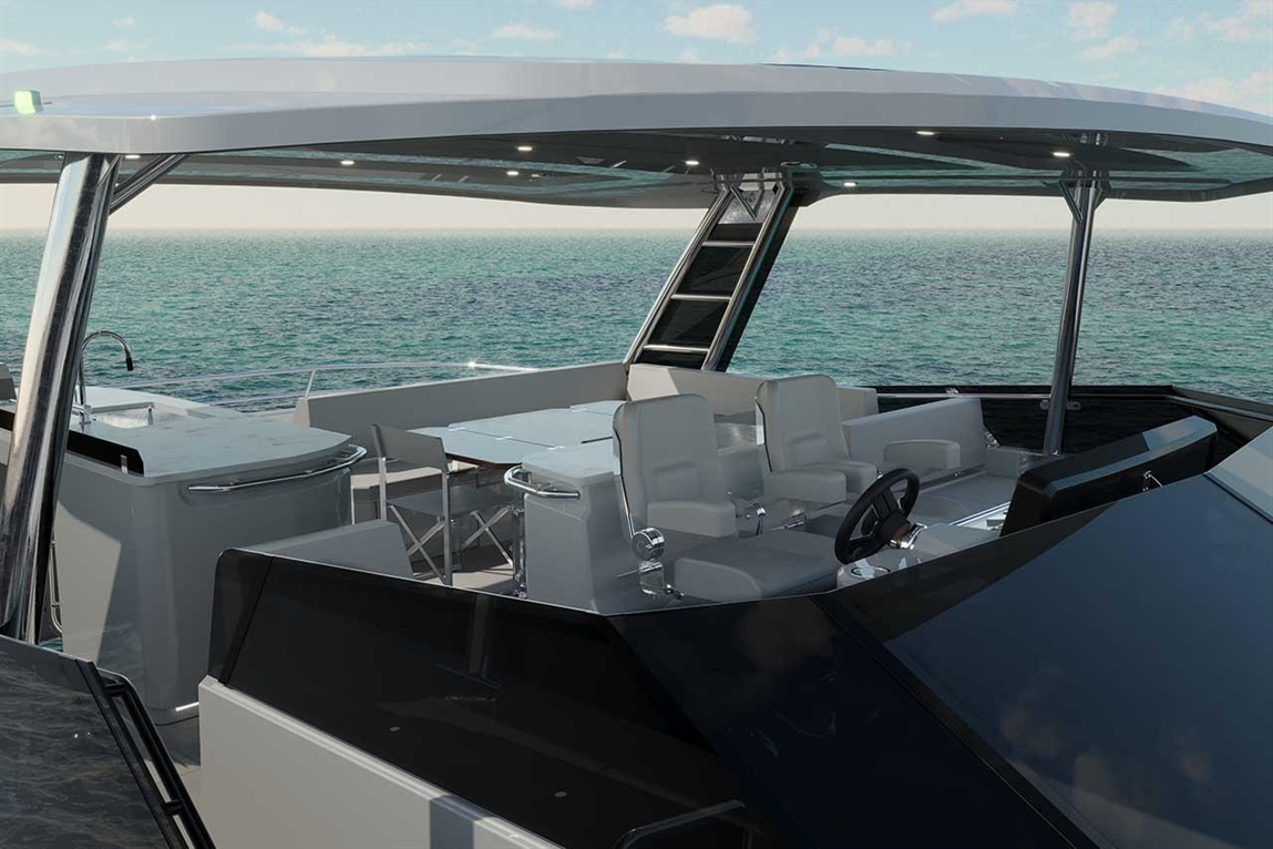 Luxury yacht cockpit with modern seating, dining area, and ocean view under a stylish canopy.